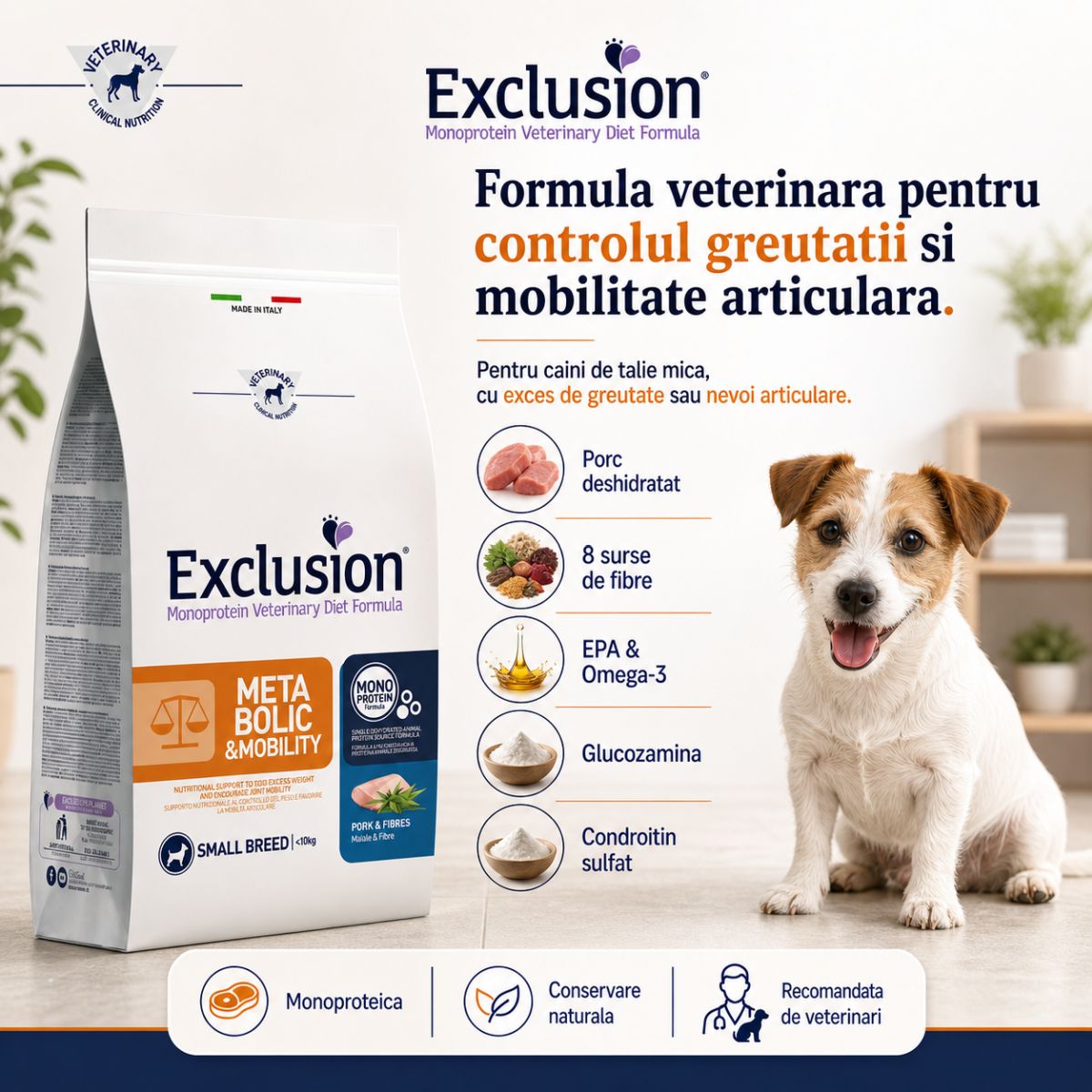 EXCLUSION Monoprotein VD Metabolic & Mobility Small, XS-S, Porc și Fibre, dietă veterinară, hrană uscată câini, obezitate, sistem articular, 2kg - imagine 3